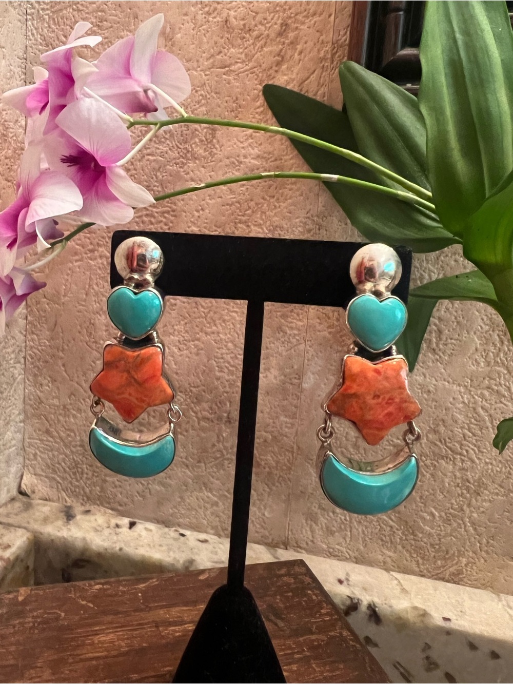 T&K Kingman Turquoise Orange Spiny Oyster Earrings